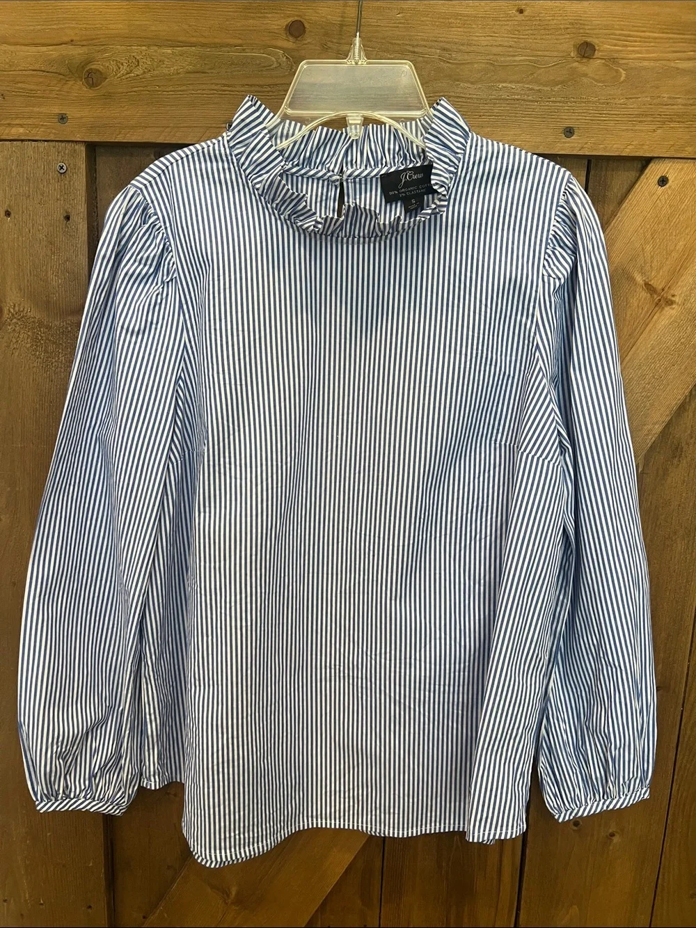 J Crew Cotton Striped Ruffle Neck Blouse in Blue and White Size S